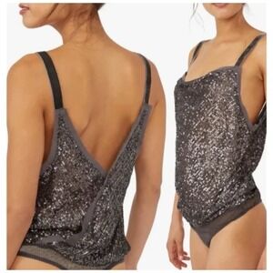 Free People Intimately Women's Shimmer & Shine Sequin‎ Bodysuit Black Sz M